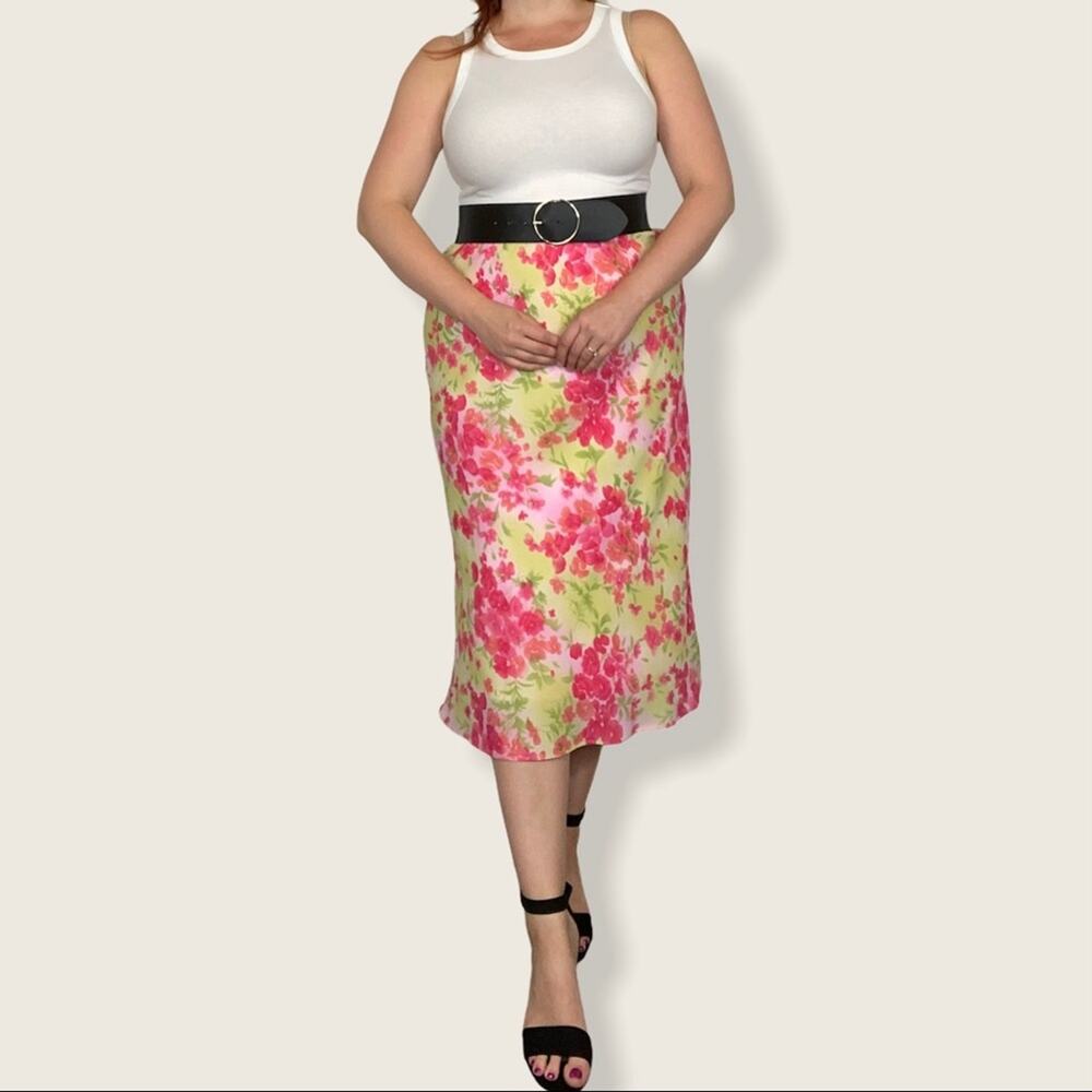 Vintage SL Fashions Petites Size 12 Pastel Pink/Yellow Floral Print Midi Skirt - Picture 6 of 11